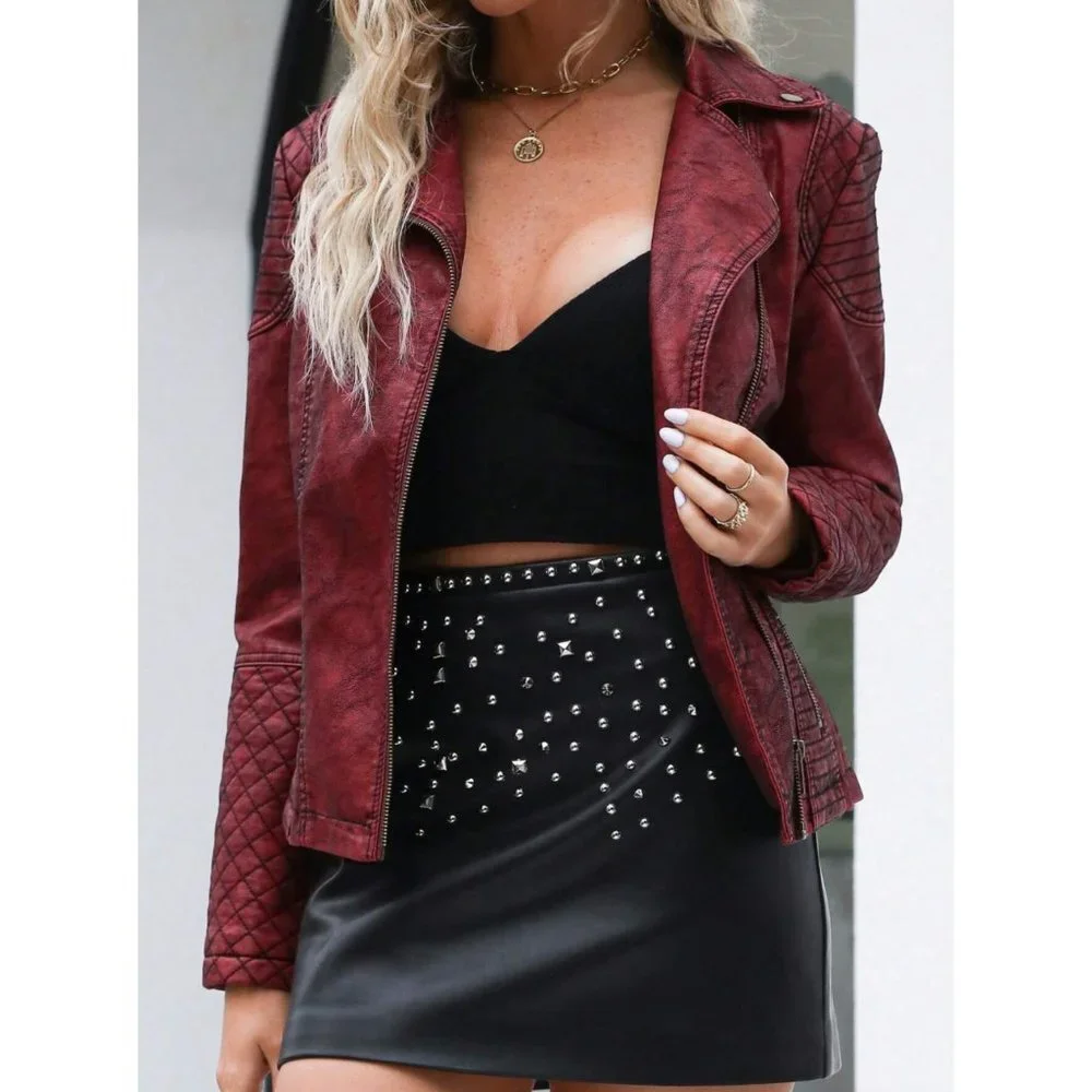 Red Faux‎ Leather Moto Jacket Fitted Quilted Bomber Motorcycle Biker Jacket Coat